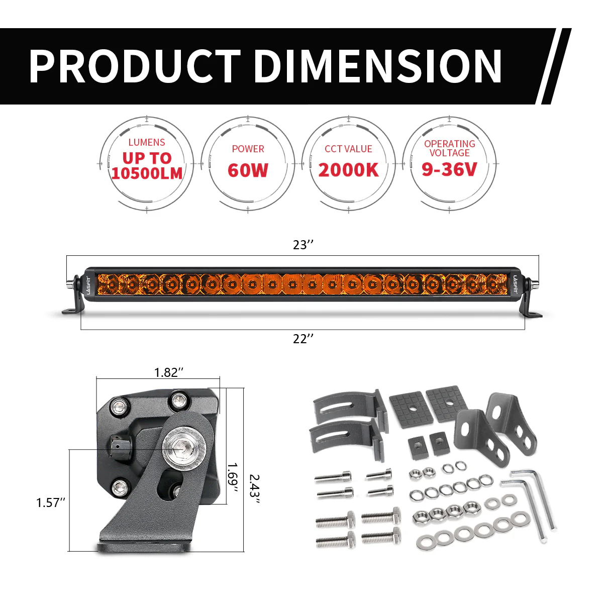 Lasfit 12"/22"/32"/42"/52" Off-Road Slim Single Row Combo Flood Spot Beam LED Amber Light Bars - Image 36