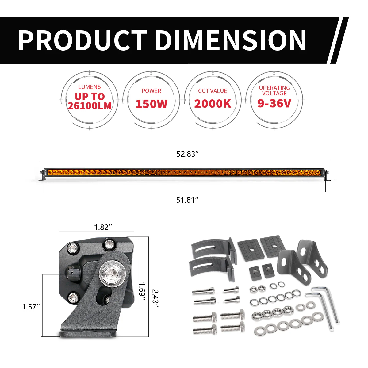 Lasfit 12"/22"/32"/42"/52" Off-Road Slim Single Row Combo Flood Spot Beam LED Amber Light Bars - Image 58